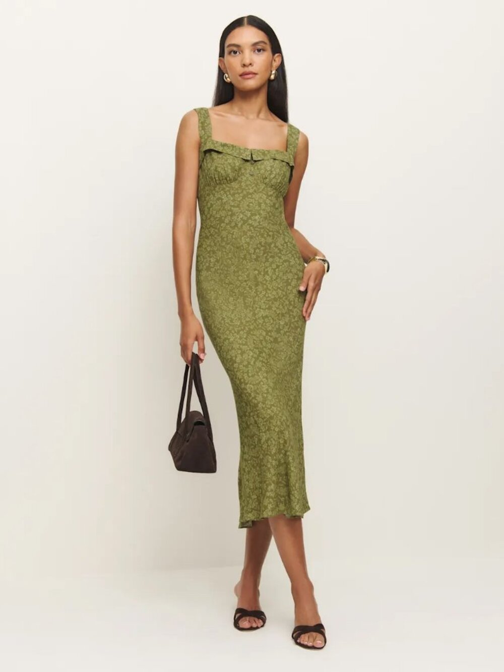 NWT Reformation Tancy Dress Midi Olive Green Sleeveless Floral Print Size 8